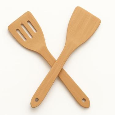 Imagem de Conjunto de utensílios de cozinha de madeira de bambu ecológico JB Home Collection 4565, conjunto de espátulas grandes para panelas antiaderentes, conjunto com 2