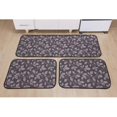 Imagem de Kit Tapete Cozinha 03 Peças Antiderrapante Floral - Cinza - Casa Compl
