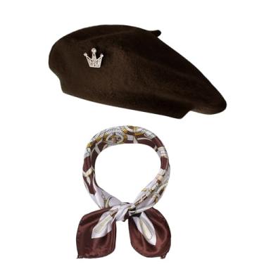 Imagem de choyaxo Conjunto de 3 acessórios de boina francesa, incluindo boina, cachecol, coroa para mulheres, festa temática francesa, Marrom, Standard
