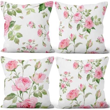 Imagem de Vie Savaran Capas de almofada rosa 50,8 cm x 50,8 cm, conjunto de 4, capas de almofada de sofá de flores de primavera floral com folhas verdes para cadeira, cama, sala de estar, jardim, carro, ao ar
