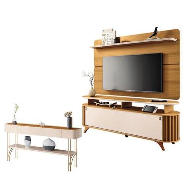 Imagem de Rack Bancada Alba Com Painel Curv Com Aparador Vivant Cinamomo Off White – Hb Móveis