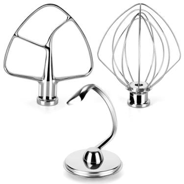 Imagem de Acessórios de misturadores de cozinha para batedeiras KitchenAid, acessório de misturador de cozinha de aço inoxidável inclui chicote de arame K45WW, gancho de massa K45DH e batedor plano K45B