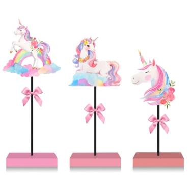 Imagem de Decoração de mesa arco-íris de unicórnio em pé, placa de mesa de madeira para peça central, suprimentos de festa de Páscoa, decorações de bloco de pé, decorações de mesa para cozinha doméstica rústica