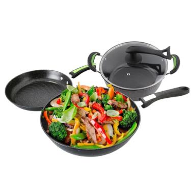 Imagem de Panelas de pedra mineral e panelas Conjunto de cozinhas antiaderentes 3pcs Cozinha de cozinha conjunto com maifan stone revestimento de cozinha saudável para família use ferro