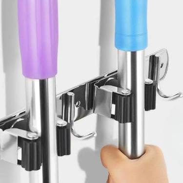 Imagem de Suporte de Parede para Vassoura e Ferramentas 50kg – Organizador com 4 Ganchos e 3 Suportes – Aço Inoxidável e Plástico Reforçado