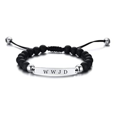 Imagem de ZKXXJ Conjunto de pulseiras WWJD HWLF para homens e mulheres, ônix com contas preto e branco ajustado, o que Jesus faria, ele adoraria, primeiras pulseiras, lembrete religioso, joia de batismo