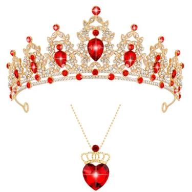 Imagem de Vovii Conjunto de colar de princesa vermelha e coroa em forma de coração para mulheres, tiara de coração de princesa para adultos, acessórios de descendentes de Halloween, vestido de festa, presentes