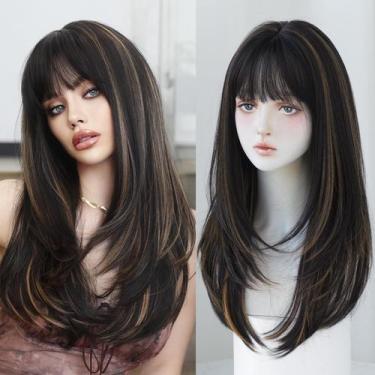 Imagem de Peruca 7JHH WIGS longa e reta 66 cm com franja resistente ao calor