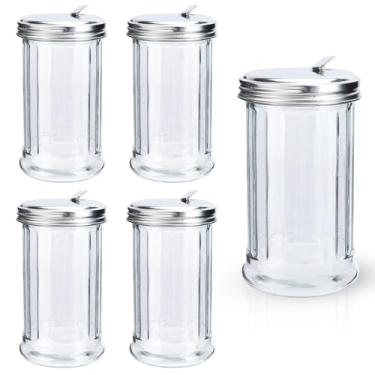 Imagem de Zoyiancy Pacote com 5 dispensadores de açúcar, vidro retrô transparente e elegante com tampa de aço inoxidável, saleiro de cozinha e saleiro de especiarias para balcão, café, bar, restaurante (350 ml)