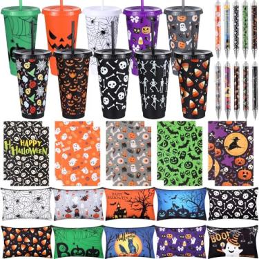 Imagem de Mimorou 40 peças de lembrancinhas de festa de Halloween, 10 conjuntos de presentes, inclui copo de caveira de aranha de 680 g com tampa e sacos de cosméticos de palha, canetas esferográficas para