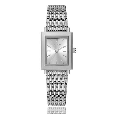 Imagem de OUPAI Relógio de pulso retangular pequeno e casual feminino de quartzo à prova d'água, Dourado