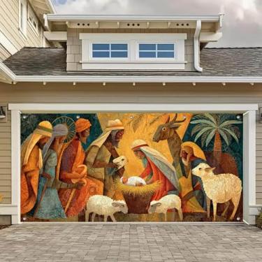 Imagem de HOMETITUTE Faixa de 4 x 1,8 m Presépio Feliz Natal Porta de Garagem Poliéster Grande Decoração de Natal ao Ar Livre com Bebê Jesus Maria Pastor Animais para Festas de Férias, Inverno, Quintal