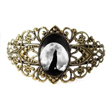 Imagem de Pulseira de filigrana de lobo uivando na lua - animal espiritual nativo americano, prata bronze antigo ou preto, joia de vidro artesanal estilo vitoriano vintage - 942-CB, Adjustable, Vidro, Sem Pedra