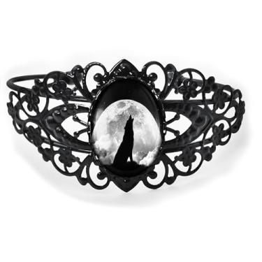 Imagem de Pulseira de filigrana de lobo uivando na lua - animal espiritual nativo americano, prata bronze antigo ou preto, joia de vidro artesanal estilo vitoriano vintage - 942-CB, Adjustable, Vidro, Sem Pedra