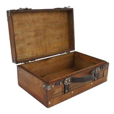 Imagem de lyrlody Mala de Madeira Vintage, baú de Armazenamento retrô Com Trava de Bronze Antigo e Alça de Couro, baú Decorativo para Decoração de Casa e Adereços Fotográficos (Pequena)