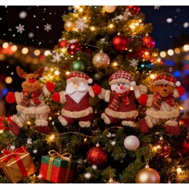Imagem de 4 estilos de decorações de árvore de Natal, lindas decorações de Natal, Papai Noel dançando, boneco de neve, rena, ursinho de pelúcia, enfeites de Natal de pelúcia, enfeites de festa de Natal, 13 x 19
