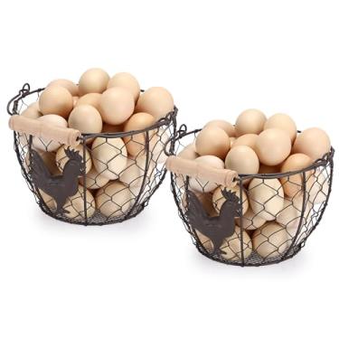 Imagem de 2 peças de cesta OGANAZI Farmhouse Egg de 20 cm para coletar ovos frescos, cesta de metal rústico para ovos de galinha para cozinha de bancada, cesta de ovos de arame, estilo vintage, redondo, padrão