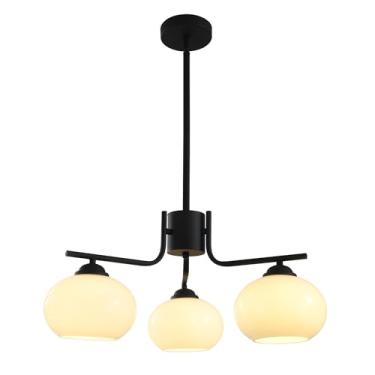 Imagem de Lustre moderno de meados do século XX com 3 lâmpadas, luminária pendente de vidro leitoso, lustre Sputnik preto com grande globo de vidro para sala de jantar, sala de estar e ilha de cozinha