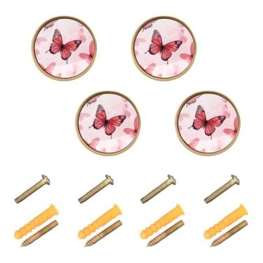Imagem de Burbuja Maçanetas de armário de cozinha Pink Butterflies pacote com 4, puxadores redondos de 3,5 cm, puxadores de cômoda com parafusos para armários de cozinha, quarto, armário