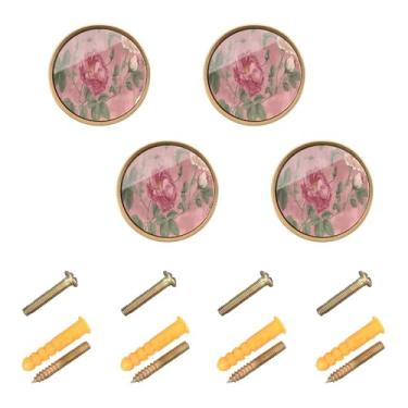Imagem de Burbuja Puxadores de armário de cozinha vintage flores cor-de-rosa, pacote com 4, puxadores redondos de 3,5 cm, puxadores de cômoda com parafusos para cozinha, quarto, armários, armário