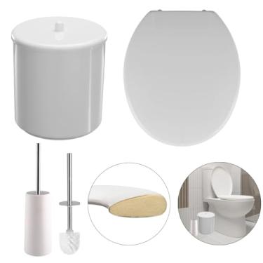 Imagem de Assento Sanitário Oval Almofadado Branco + Lixeira Branca 6L Redonda C/Tampa + Escova Sanitária Base Branca
