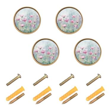 Imagem de Burbuja Aquarela Flores silvestres no prado (3) puxadores de armário de cozinha, pacote com 4, puxadores de gaveta redonda de 3,5 cm, puxadores de cômoda com parafusos para cozinha, quarto, armários