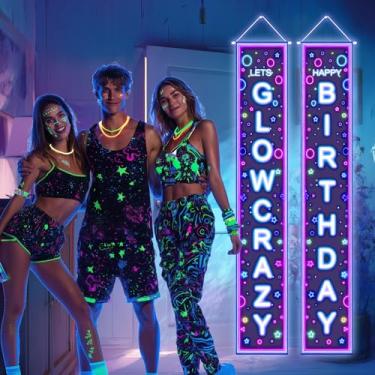 Imagem de HOMETITUTE 2 peças Tapeçaria de luz negra Let's Glow Crazy and Happy Birthday Banner vertical com letras neon e estrelas em fundo preto 30,5 x 189 cm para decoração de parede de festa brilhante