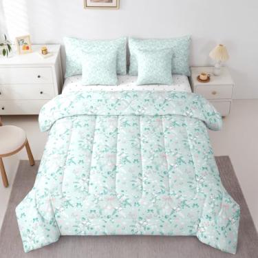 Imagem de jejeloiu Conjunto de edredom com laço kawaii, 7 peças, solteiro, para meninas, com laço, para crianças, meninos, meninas, decoração de quarto, verde pálido, respirável, microfibra leve