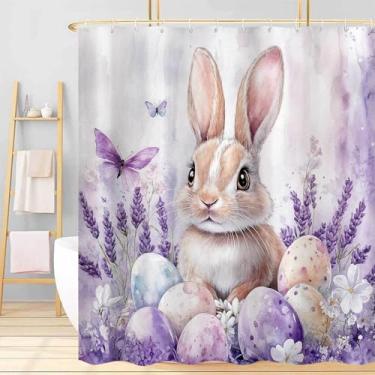 Imagem de Dizifinn Cortina de chuveiro roxa coelhinho da Páscoa, primavera, coelho, flor, borboleta, ovos, banheiras, decoração, conjunto de cortina de chuveiro de tecido floral lavanda roxa com ganchos, 183 x