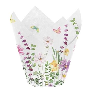 Imagem de AnyDesign 200 peças de tulipas de flores silvestres forros de cupcake copos de bolo de primavera envoltórios de cupcake para casamento, nupcial, chá de bebê, suprimentos de festa, decoração de mesa