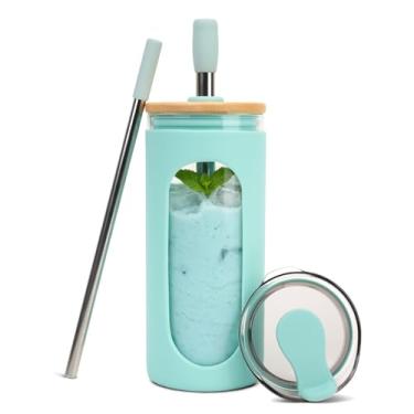 Imagem de Sursip Copo de vidro com 2 tampas e canudo, copo de vidro à prova de derramamento de 590 ml com tampa de bambu e manga de silicone para copo de água de café gelado - azul