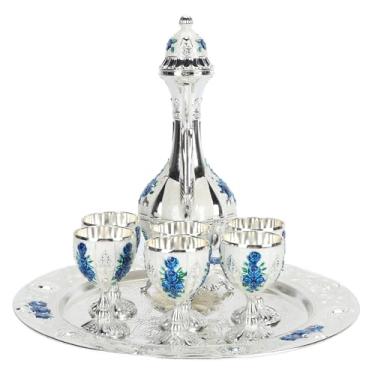 Imagem de ZJchao Conjunto de Pote de Vidro de Vinho de Metal, Conjunto de Serviço de chá de café Vintage à Prova de Ferrugem de Liga de Zinco Com 1 Bandeja, 6 Copos, 1 Pote, para Festa Em Casa, (Tira Branco
