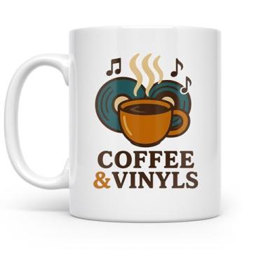 Imagem de Design retrô de disco de vinil - Amantes da música - Caneca de café de cerâmica branca de 325 ml - Vibração nostálgica