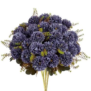 Imagem de XIANNVXI Bola artificial azul real, crisântemo, 2 peças, 18 cabeças, crisântemos, buquê de flores falsas azuis, flores de seda com arranjos de hastes para decoração de casa, ambientes internos e