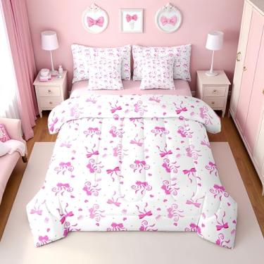 Imagem de Erosebridal Conjunto de edredom casal com laço rosa para meninas | Jogo de cama fofo com laço rosa coquete de 7 peças para crianças, mulheres, lençol de cima, lençol de cima, gravata borboleta amor
