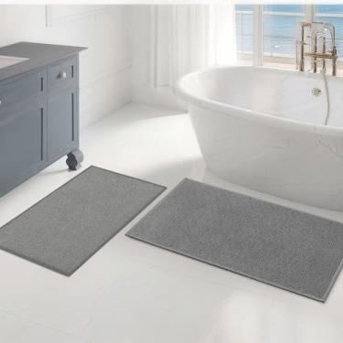 Imagem de YIHOUSE Conjunto de tapetes de banheiro azul marinho, 2 peças, tapete de banho fino de secagem rápida, antiderrapante, absorvente lavável na máquina, tapetes de banho para pia de banheira decoração de