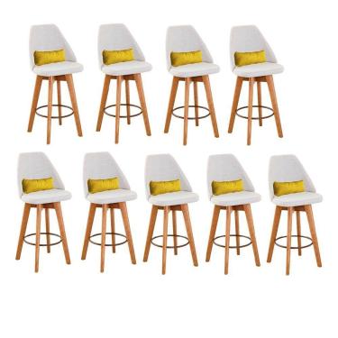 Imagem de Kit 09 Banquetas Alta Maya Giratória Com Encosto Gourmet Linho Bege e Almofada Sintético Amarelo - Aurora Line