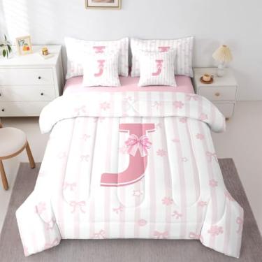 Imagem de Feelyou Conjunto de edredom fofo com laço rosa, 7 peças, solteiro, com inicial J, para crianças, meninos, meninas, kawaii, decoração de quarto, microfibra leve e macia