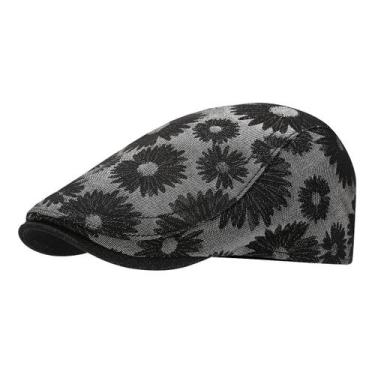 Imagem de Boné plano feminino com estampa floral preta e cinza, algodão ou jeans