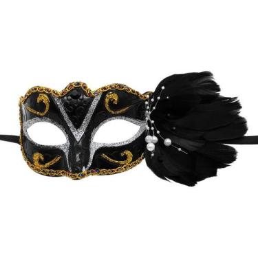 Imagem de Máscara de plástico de meia face preta com penas para festa de Hallowe