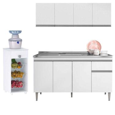 Imagem de Balcão De Pia Tatiane 145 Cm E Armário Aéreo Andréia 4 Portas 150 Cm Com Fruteira Monalise Branco Brilho - Ajl
