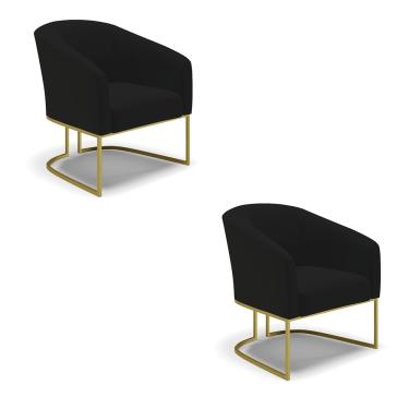 Imagem de Poltrona Decorativa Industrial Dourado kit 2 Stella Linho Preto D03 - D'Rossi