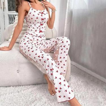 Imagem de Conjunto De Pijama Sexy Feminino De 2 Peças Em Renda De Malha Com Top 
