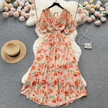 Imagem de Vestido Longo Feminino De Chiffon Floral, Decote Em V, Manga Curta, Li