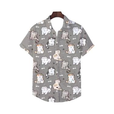 Imagem de Camisa Casual De Manga Curta Com Estampa De Gato Em 3D Para Homens E M