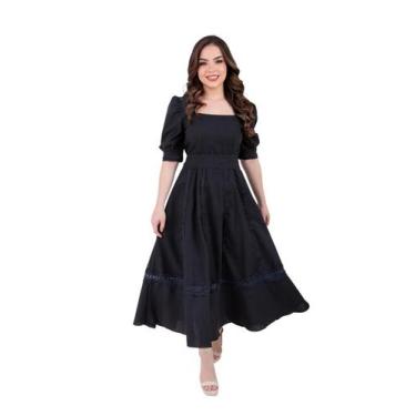 Imagem de Vestido de Linho MaxMidi Gode Elegante Festa Moda Evangelica, Preto, G
