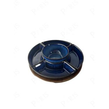 Imagem de Petisqueira de Madeira com 5 Bowls de Cerâmica Azul UN0011 BTC