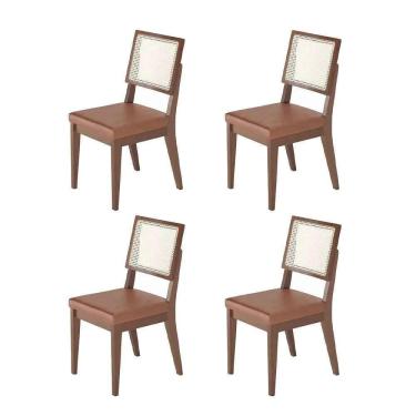 Imagem de Kit de 4 Cadeiras de Madeira Maciça Estofada com Palhinha Saga - Natural c/ PU Caramelo