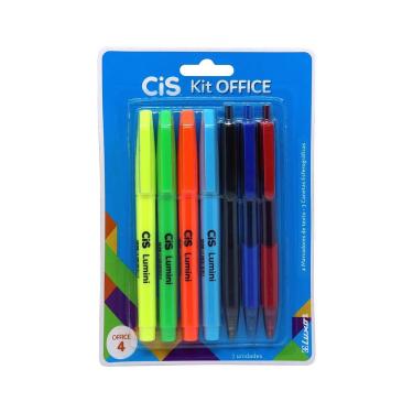 Imagem de Kit Escrita Office Cis Multicor com 4 Marcadores de Textos e 3 Canetas Colors