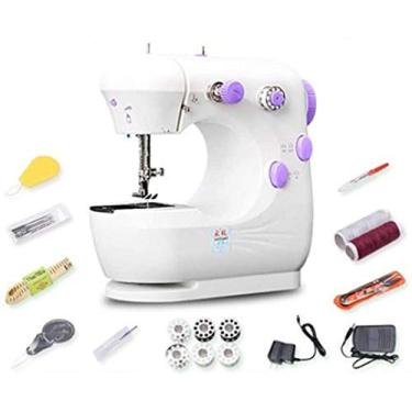 Imagem de Máquina de costura doméstica mini máquina de costura multifuncional elétrica pequena máquina de costura manual (presente 16 acessórios) roxo atualizado